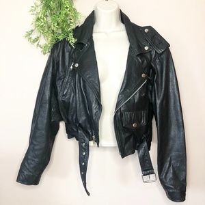 Vintage Black Leather Moto Jacket Cropped Belt Women’s